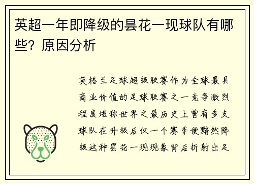 英超一年即降级的昙花一现球队有哪些？原因分析